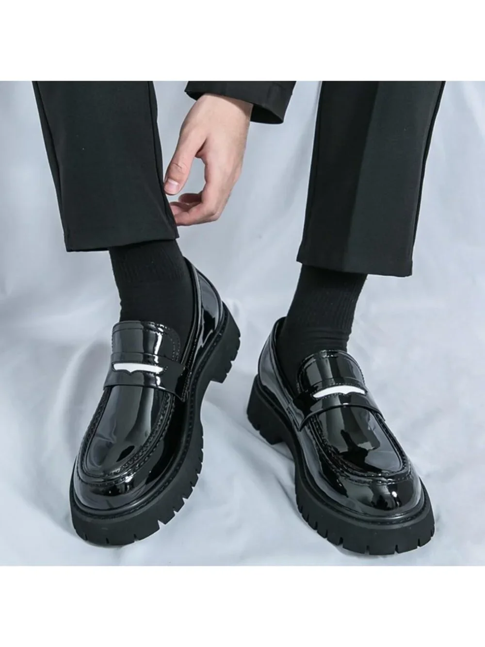 Men's White Black Chunky Platform Loafers Slip On Business Casual Dress Shoes